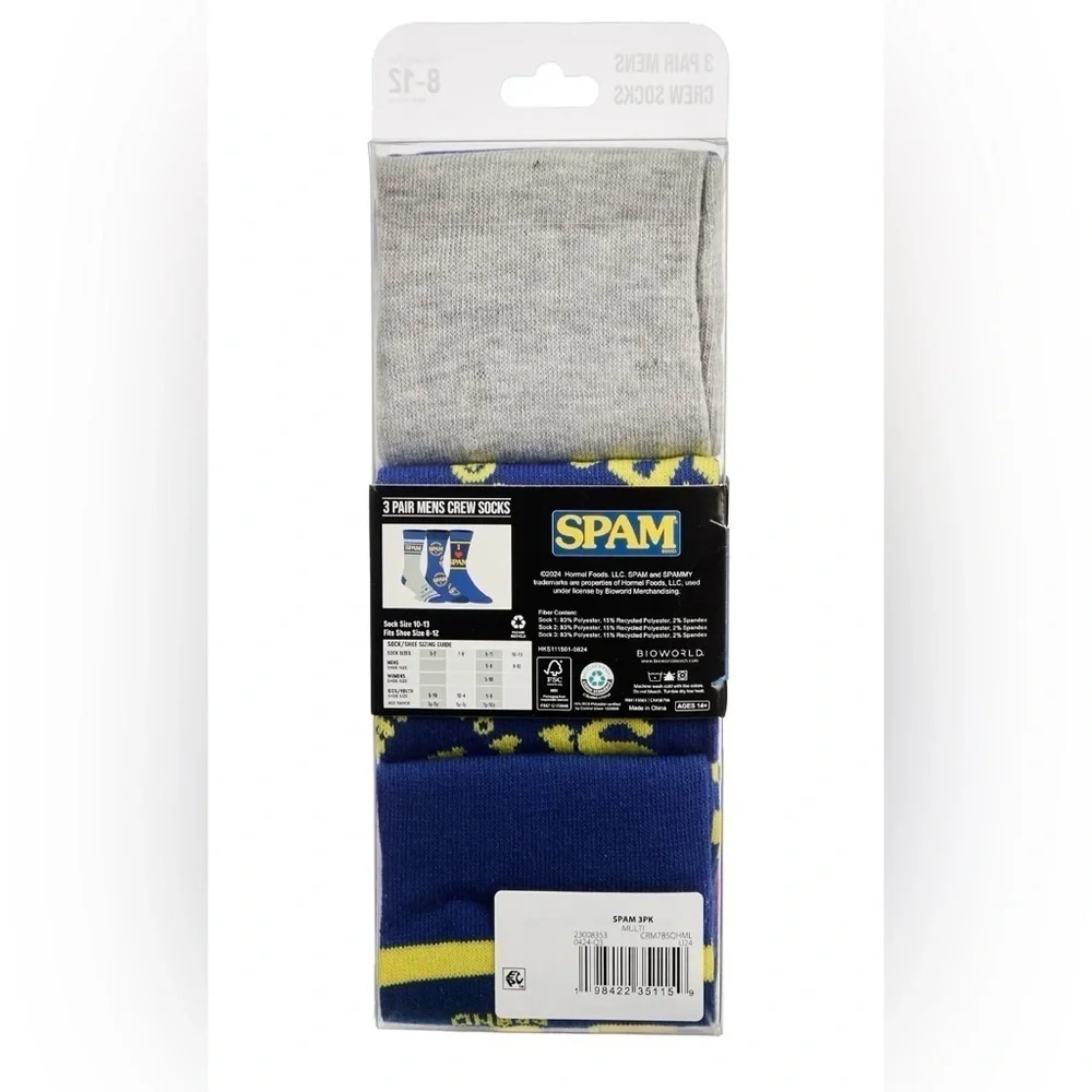 Spam Men's Crew Socks, 3-Pack Shoe Size 8-12